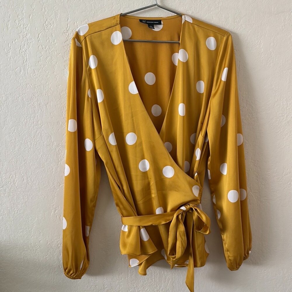 I.N.C. Yellow Polka Dot Wrap Blouse - Size L